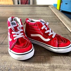 Red toddler high top Vans.